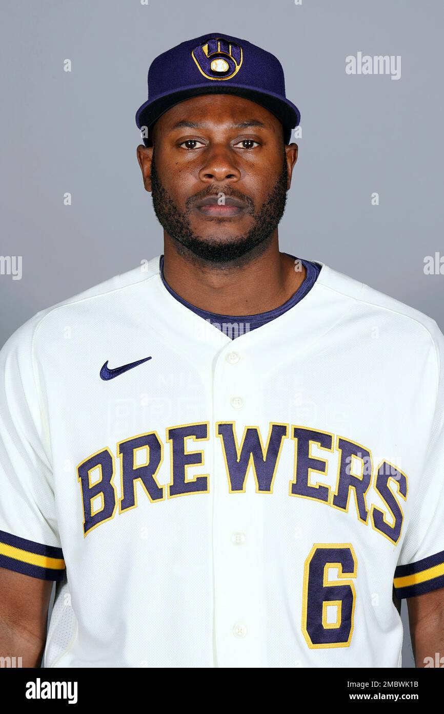 This is a 2022 photo of Lorenzo Cain of the Milwaukee Brewers baseball team