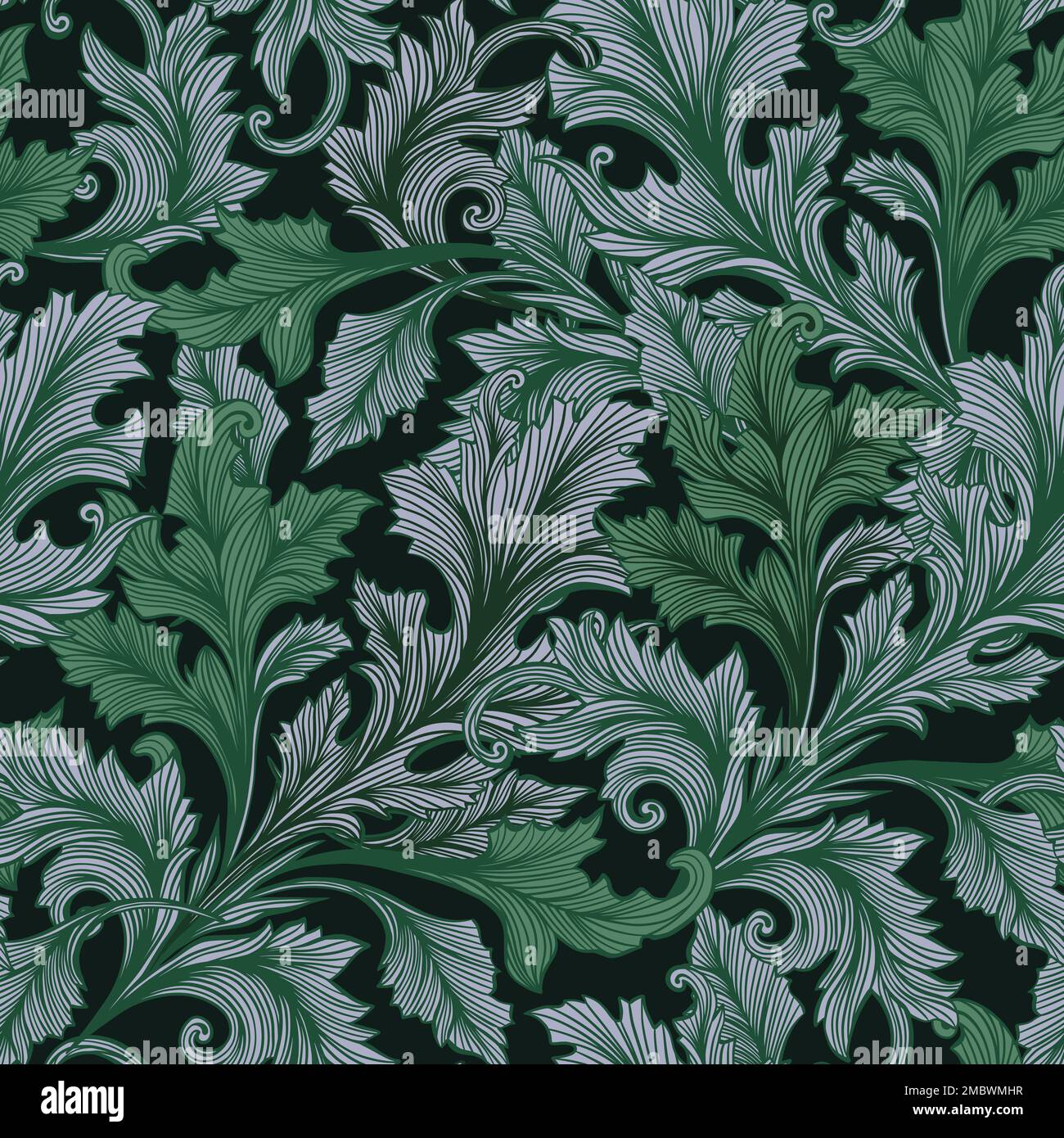 Deep Green Antique Acanthus Leaves Motif, Vector Seamless Pattern for Wallpaper Stock Vector