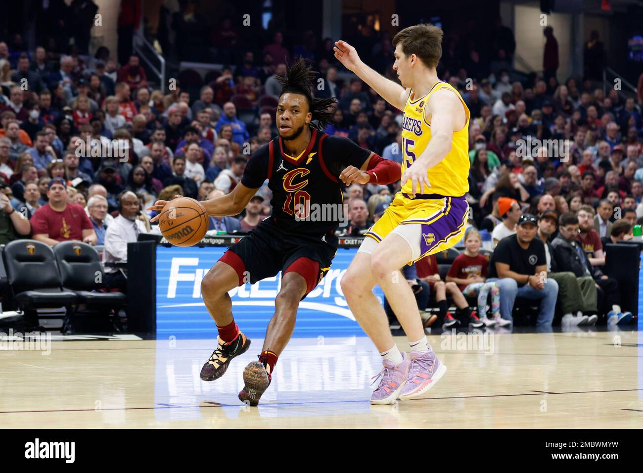 Cleveland Cavaliers' Darius Garland (10) drives against Los Angeles Lakers' Austin Reaves (15) during the first half of an NBA basketball game, Monday, March 21, 2022, in Cleveland. (AP Photo/Ron Schwane Stock Photo - Alamy