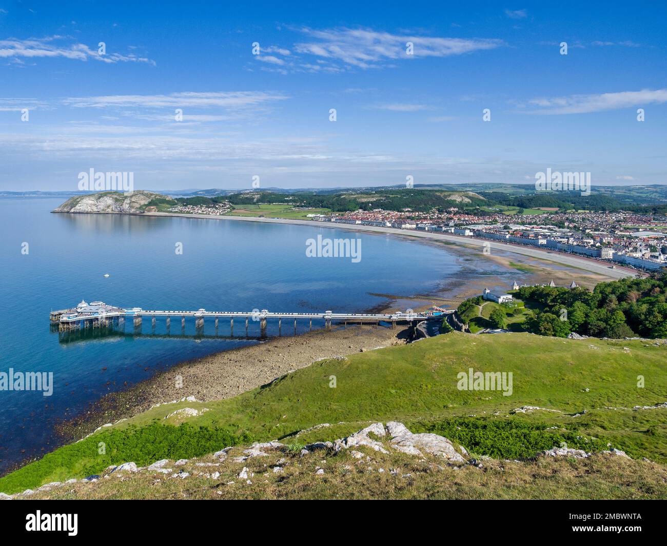 Llandudno Bay, with the Pier and Little Orme's Head, from Great Orme's Head. Stock Photo
