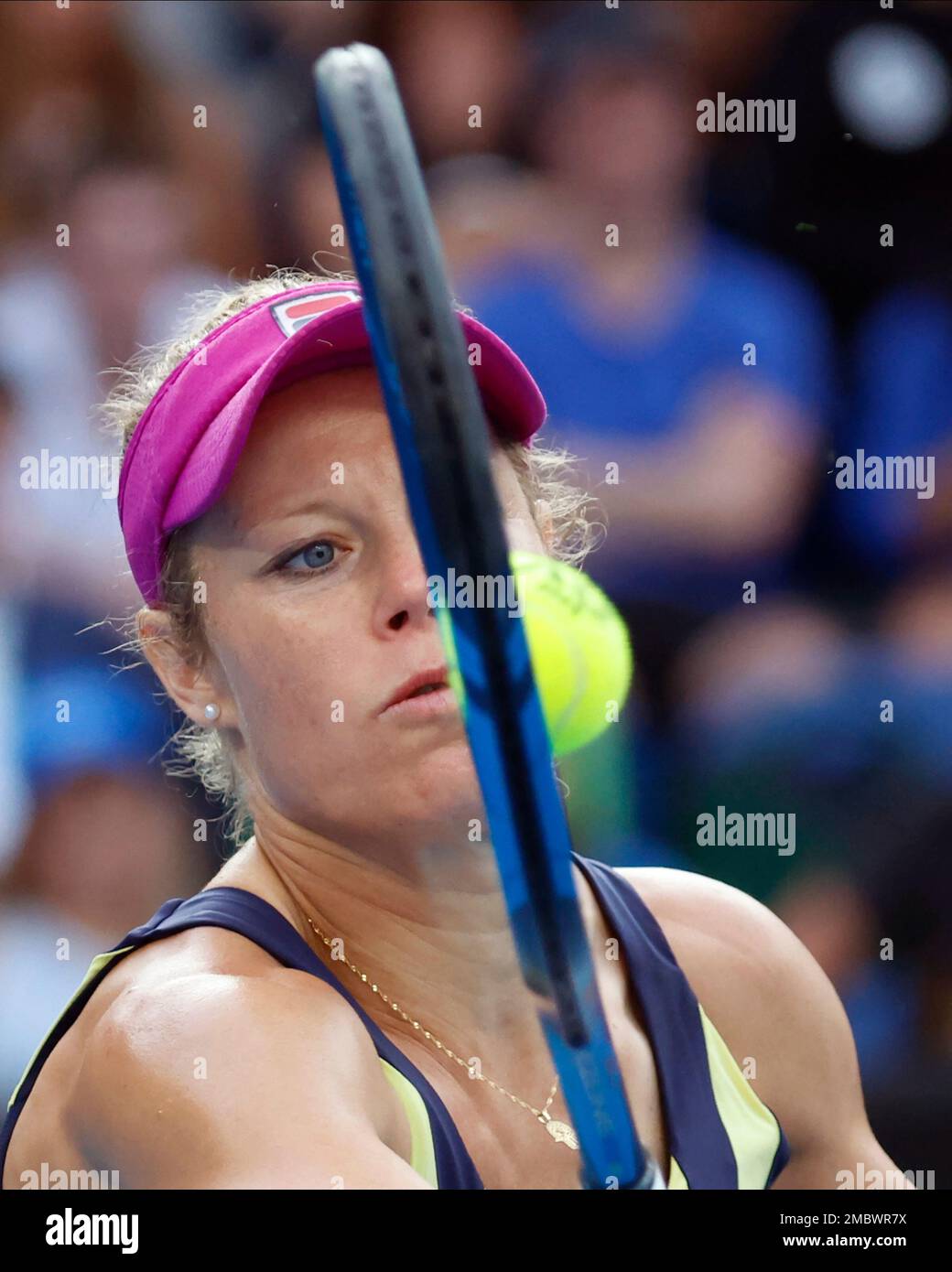 Laura Siegemund of Germany plays a forehand return to Caroline Garcia