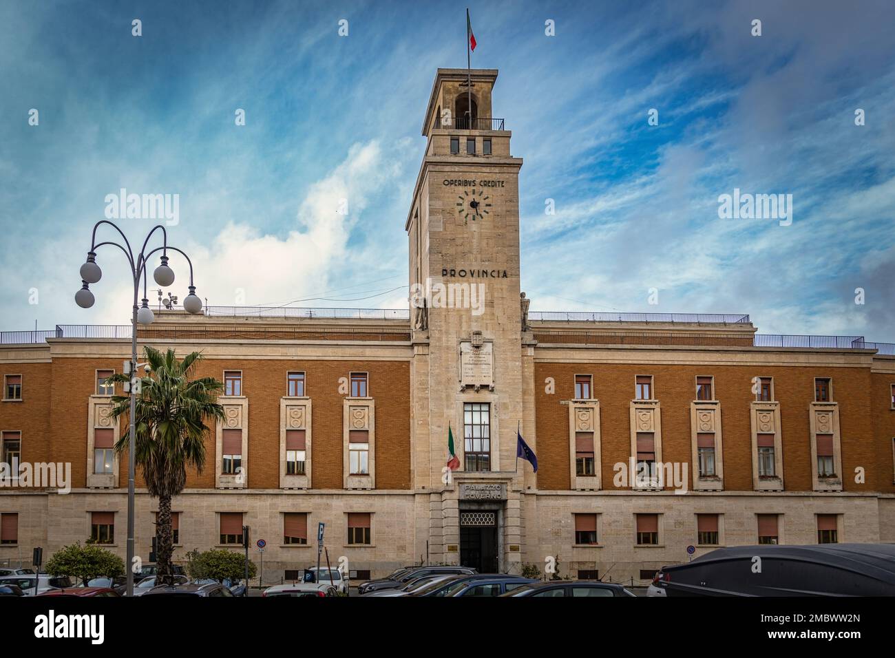 Palace of the prefecture of Enna, Building of fascist architecture or simplified neoclassicism, with particular architectural symbols of the regime. Stock Photo