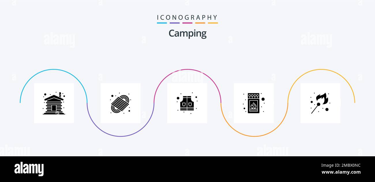 Camping Glyph 5 Icon Pack Including lighter. fire. jacket. stick. fire
