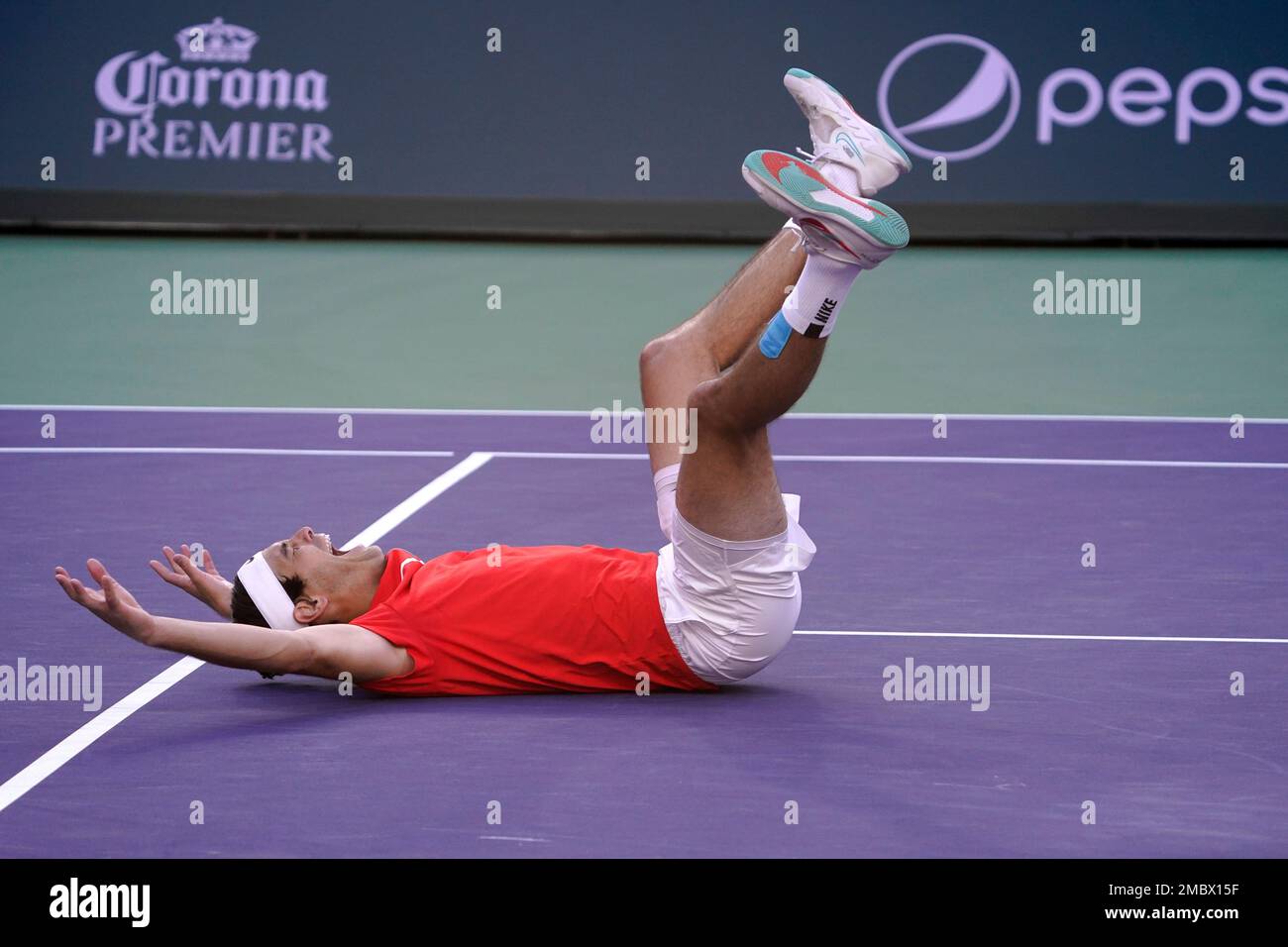 Taylor Fritz reacts after defeating Rafael Nadal, of Spain, during the mens singles finals at the BNP Paribas Open tennis tournament Sunday, March 20, 2022, in Indian Wells, Calif