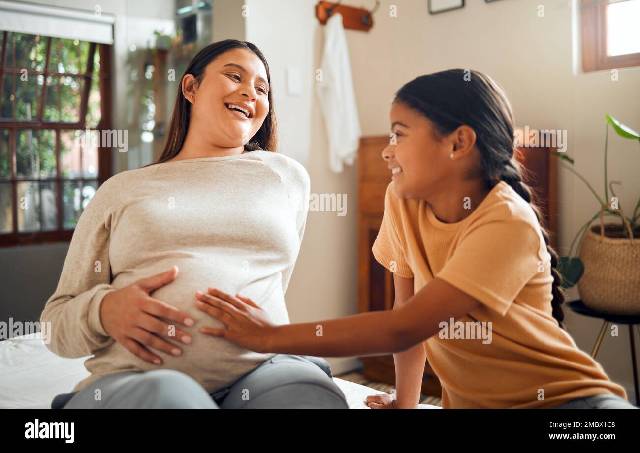 Family, baby and pregnant mother in home with excited, happy and joyful