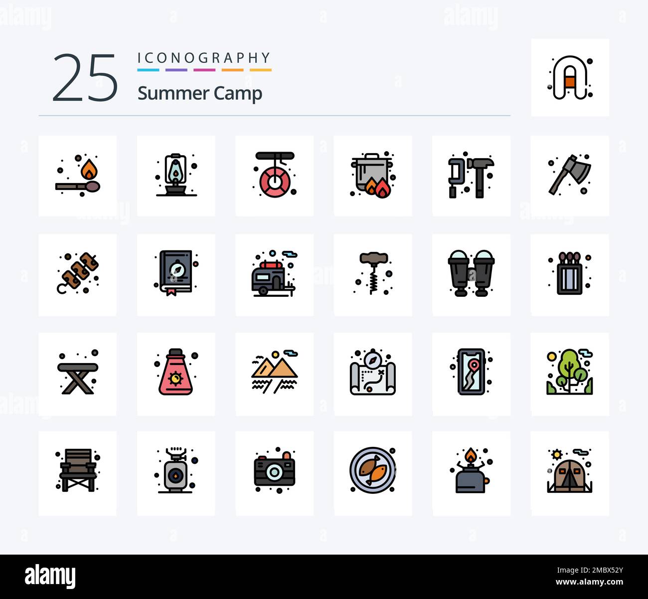 Summer Camp 25 Line Filled icon pack including engineer. camping. help ...