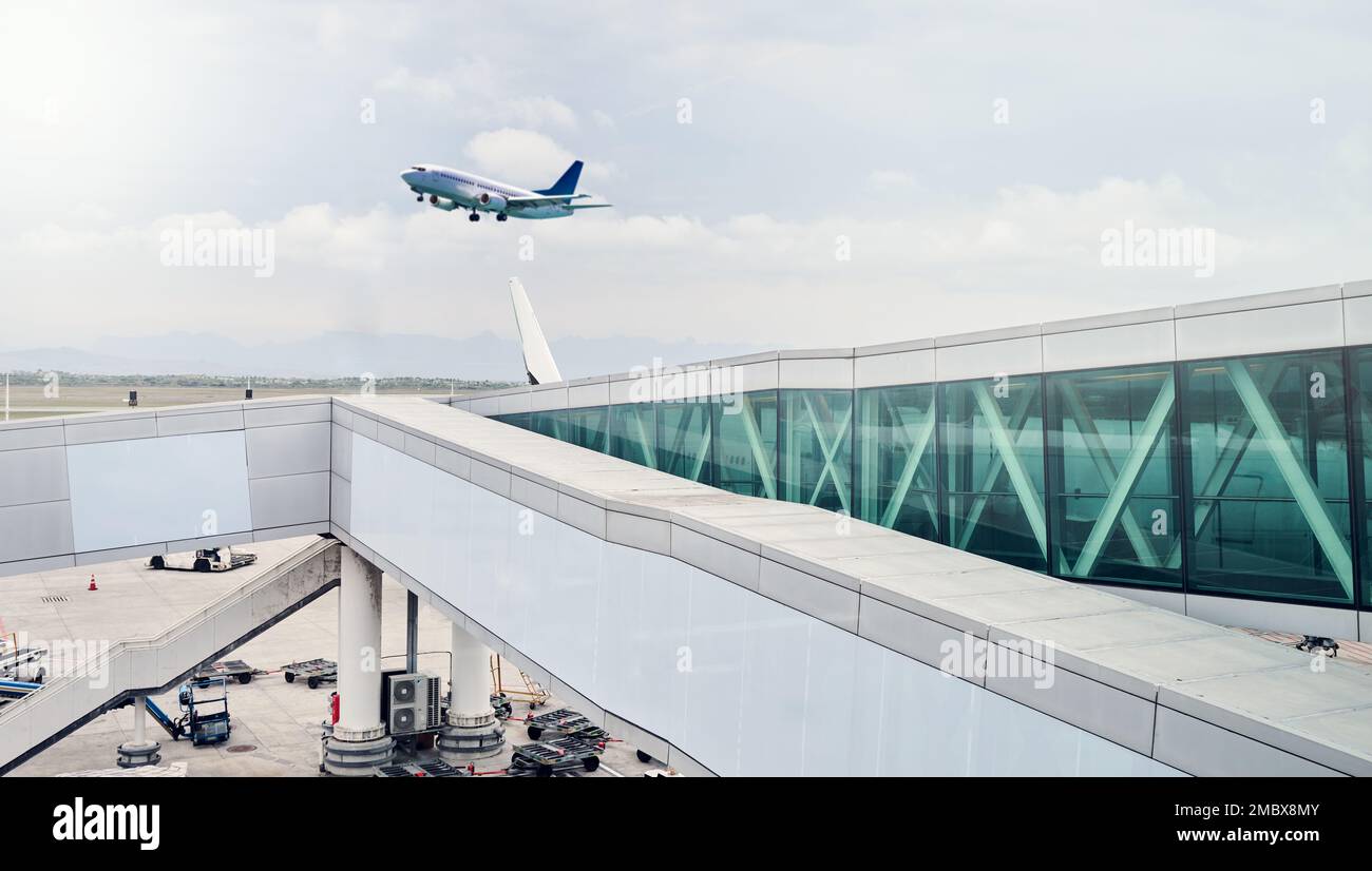 Airport, travel and airplane in sky in flight for takeoff, international and commercial transportation. Air transport, world and aeroplane leaving Stock Photo