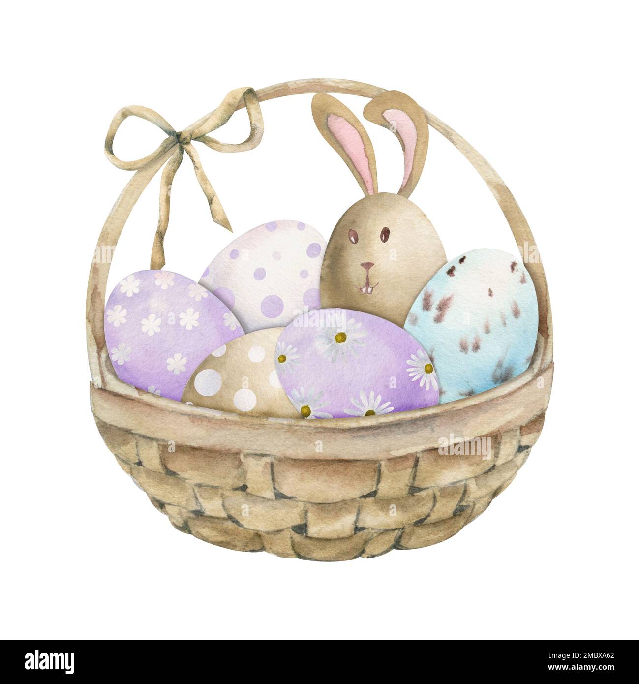 Watercolor hand drawn Easter celebration clipart. Basket with painted ...