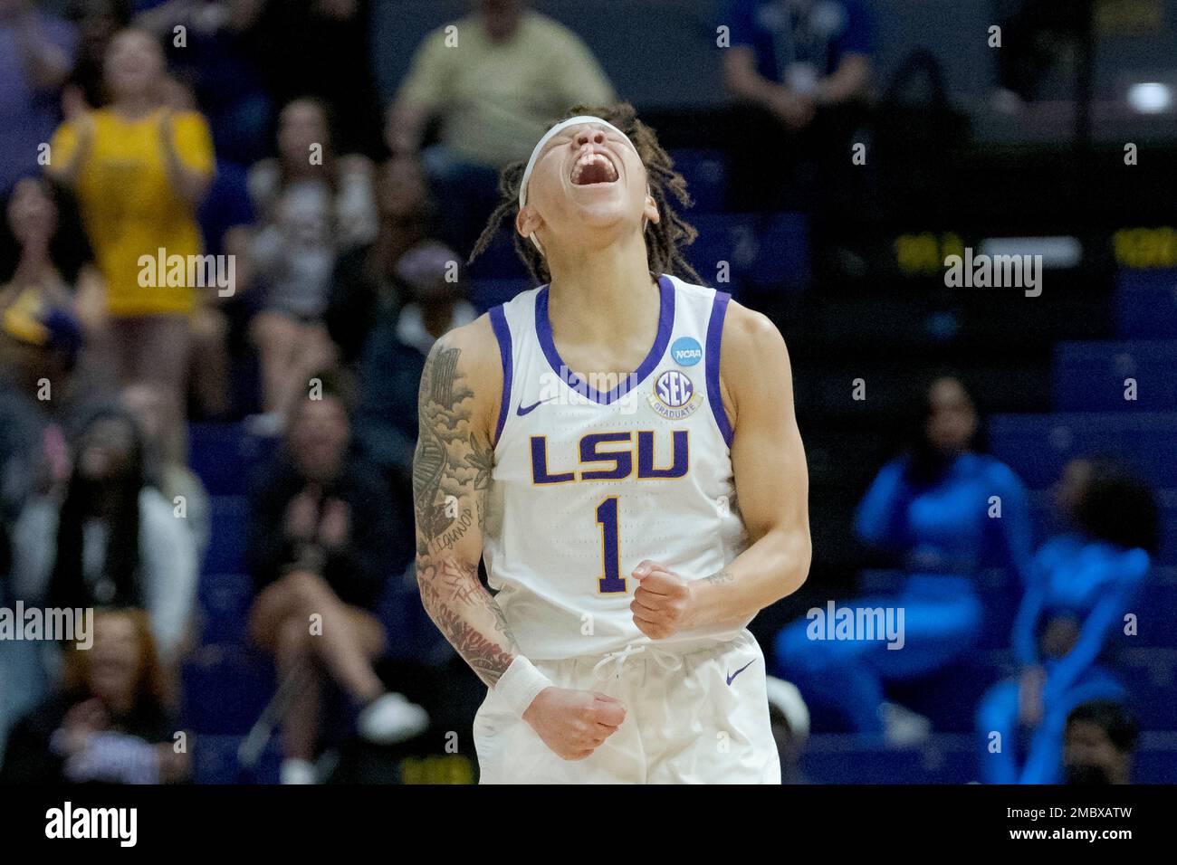 LSU guard Jailin Cherry (1) celebrates a basket against Jackson State