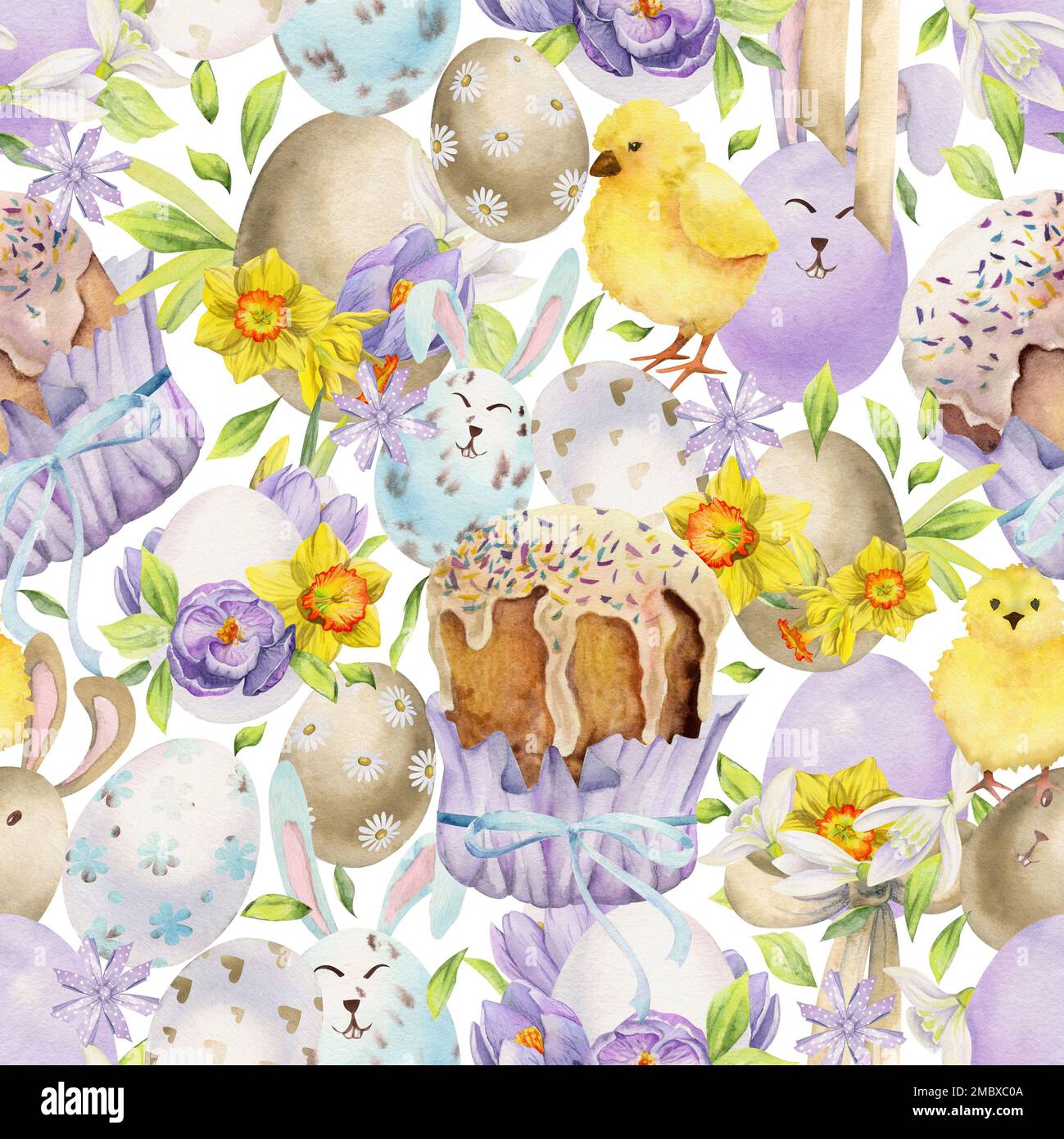 Watercolor hand drawn Easter celebration clipart. Seamless pattern with ...