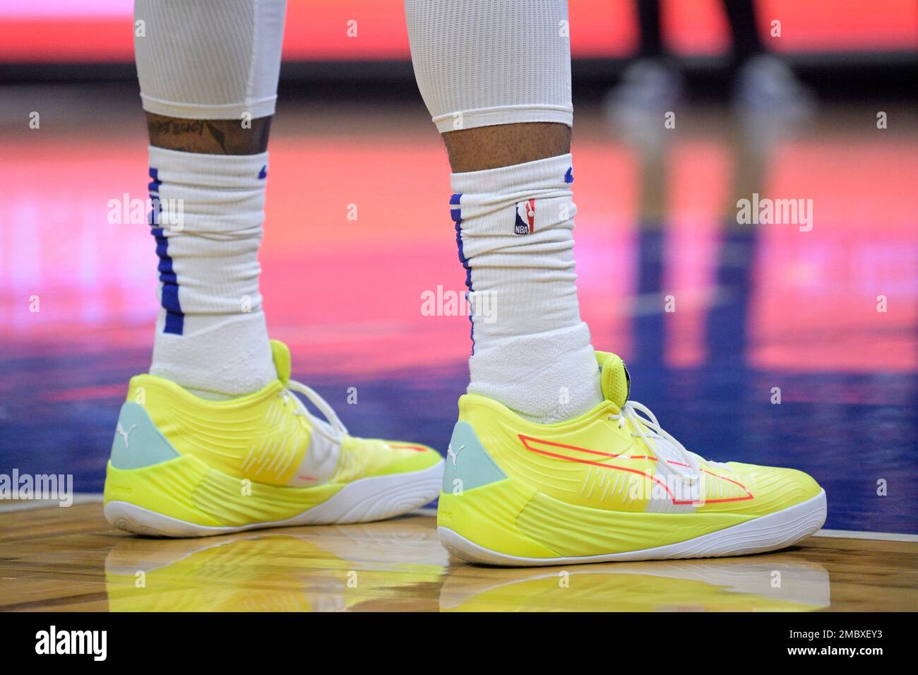 The shoes worn by Detroit Pistons forward Marvin Bagley III are viewed on the court during the first half of an NBA basketball game against the Orlando Magic Thursday March 17 2022