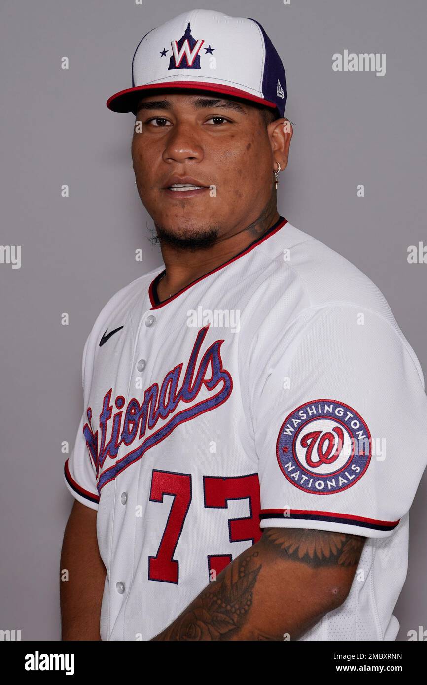 This is a 2022 photo of Jhon Romero of the Washington Nationals baseball  team. This image reflects the Washington Nationals active roster Wednesday,  March 17, 2022, in West Palm Beach, Fla., when