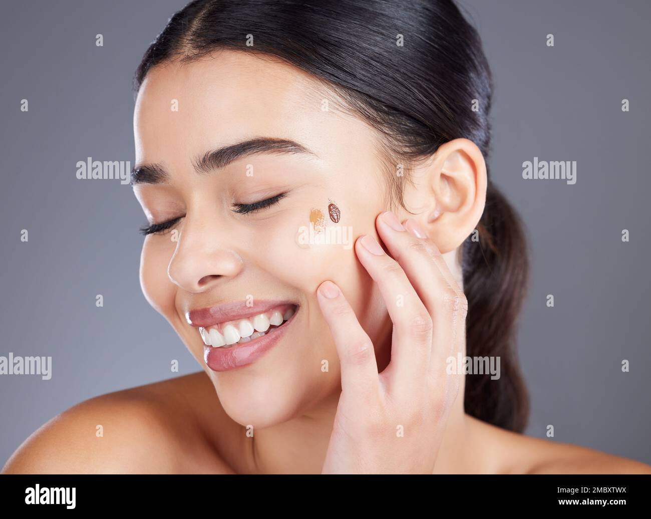 Beauty, foundation test and face of woman with skincare product for