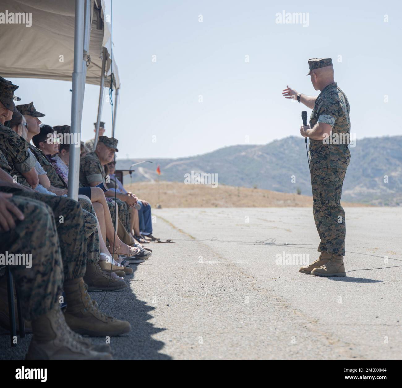 U.S. Marine Corps Col. Brendan Sullivan, the incoming commanding officer of 1st Marine Regiment, 1st Marine Division, speaks during a change of command ceremony at Marine Corps Base Camp Pendleton, California, June 23, 2022. During the ceremony, Col. Brandon Graham relinquished command of 1st Marine Regiment to Sullivan. Stock Photo