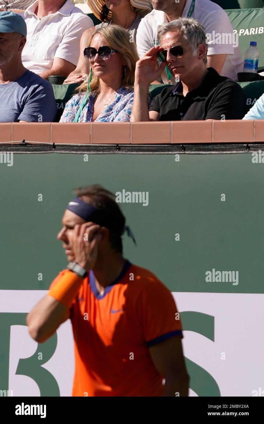 Actor Ben Stiller and his wife Christine Taylor watch Rafael Nadal, below, of Spain, play Reilly Opelka at the BNP Paribas Open tennis tournament Wednesday, March 16, 2022, in Indian Wells, Calif