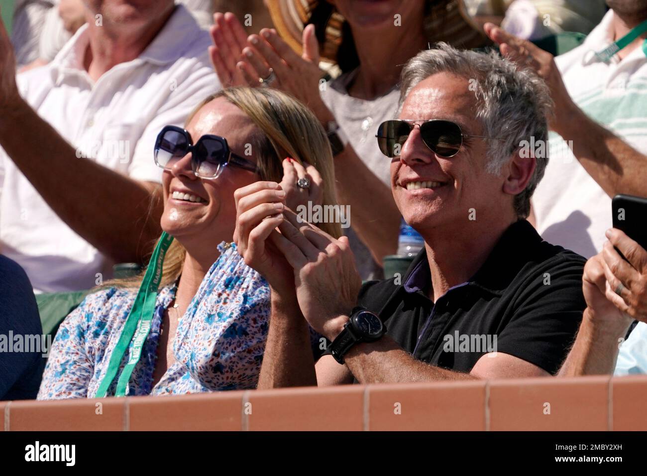 Actor Ben Stiller and his wife Christine Taylor watch Rafael Nadal, of Spain, play Reilly Opelka at the BNP Paribas Open tennis tournament Wednesday, March 16, 2022, in Indian Wells, Calif