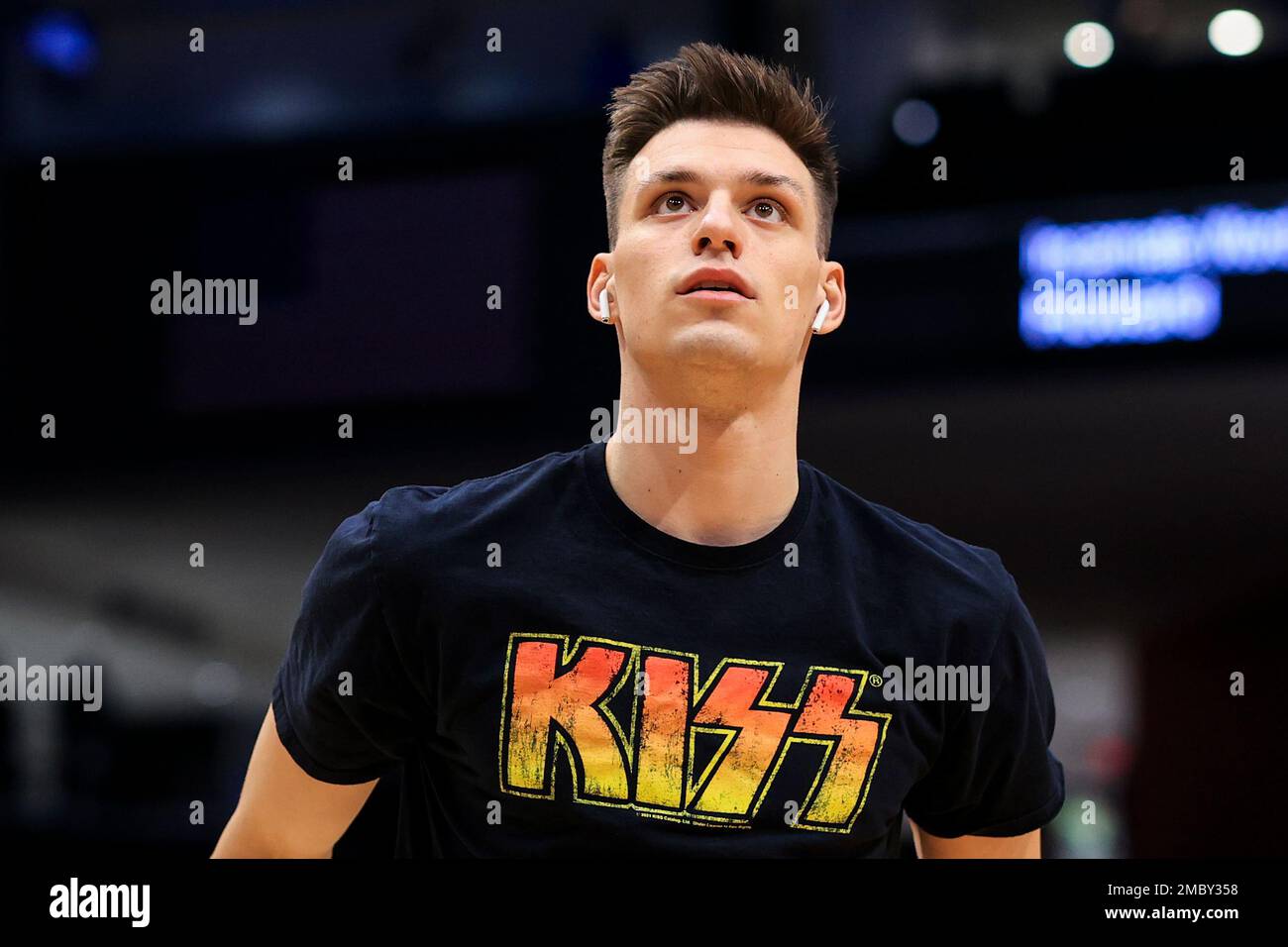 Bryant's Peter Kiss (32) stands on the court during warm ups prior to a