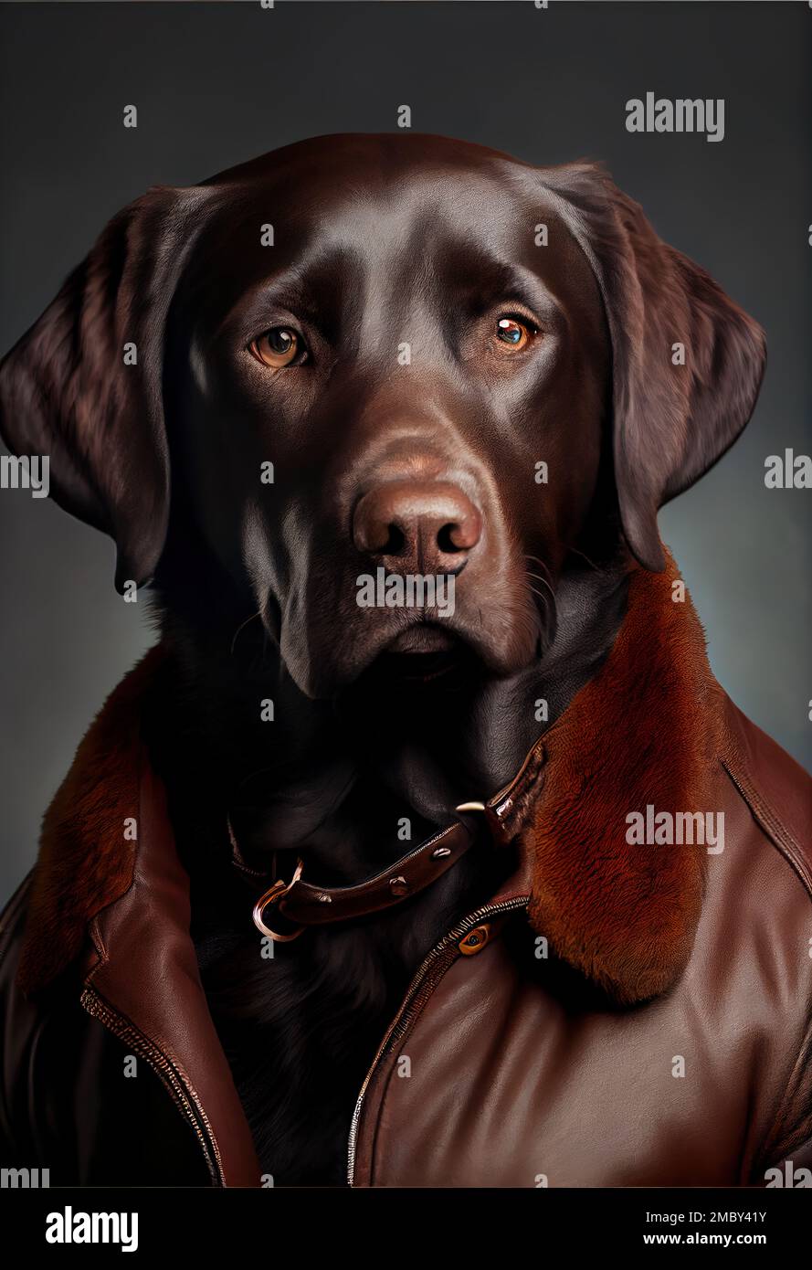 Labrador Retriever wearing leather jacket Dog Breed Portrait Stock