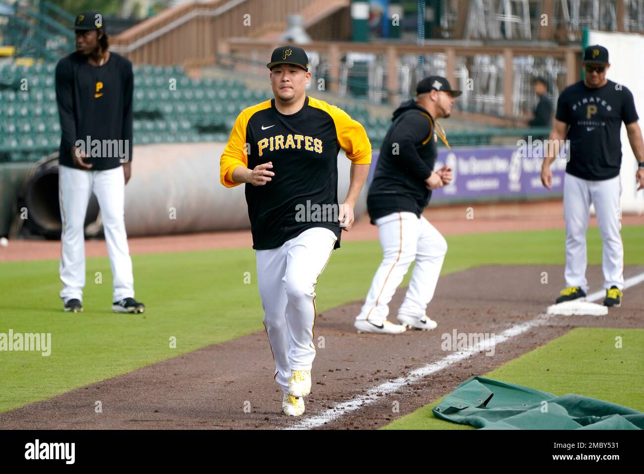 Pittsburgh Pirates first baseman Yoshi Tsutsugo, of Japan, bats during the  second inning of a baseball game against the Miami Marlins, Tuesday, July  12, 2022, in Miami. (AP Photo/Lynne Sladky Stock Photo 