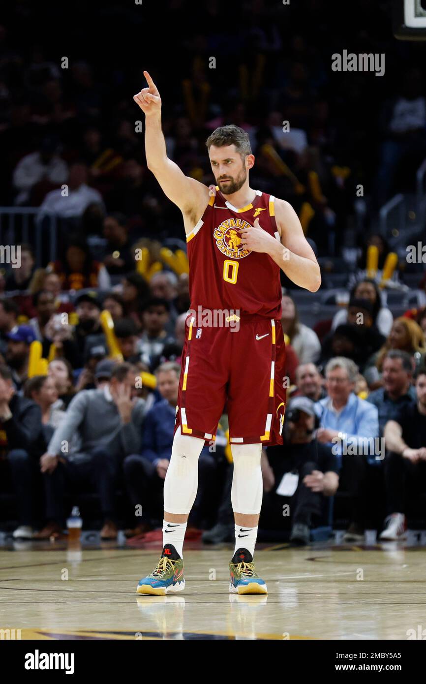 Cleveland Cavaliers' Kevin Love (0) plays against the Minnesota  Timberwolves during the first half of an
