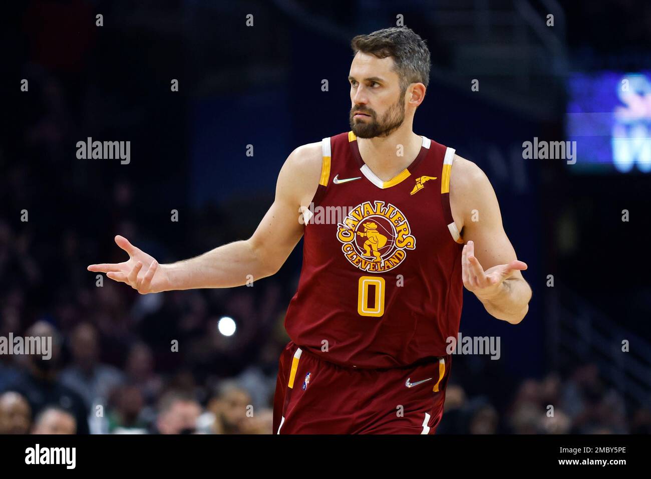 Cleveland Cavaliers' Kevin Love (0) plays against the Minnesota  Timberwolves during the first half of an