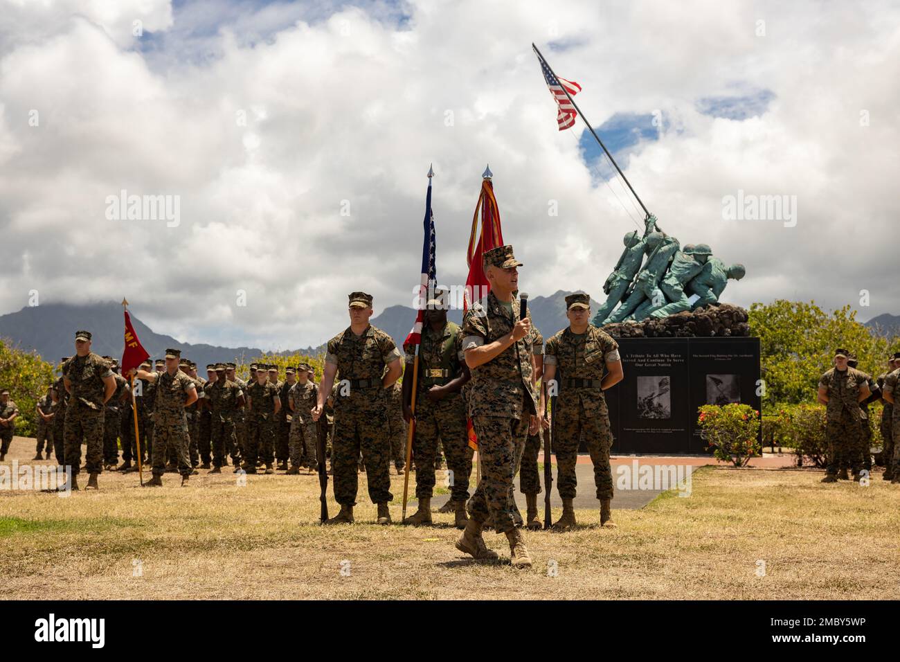 U.S. Marine Corps Col. Timothy S. Brady Jr, commanding officer, 3d Marine Littoral Regiment, gives his remarks during a change of command ceremony at Marine Corps Base Hawaii, June 23, 2022. The ceremony is a tradition symbolizing the transfer of authority, responsibility and accountability of the Marines and Sailors. Stock Photo