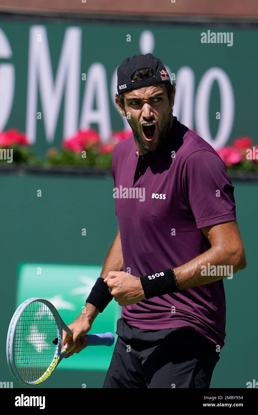 Matteo Berrettini, of Italy, reacts after winning a point against Lloyd Harris, of South Africa, at the BNP Paribas Open tennis tournament Tuesday, March 15, 2022, in Indian Wells, Calif