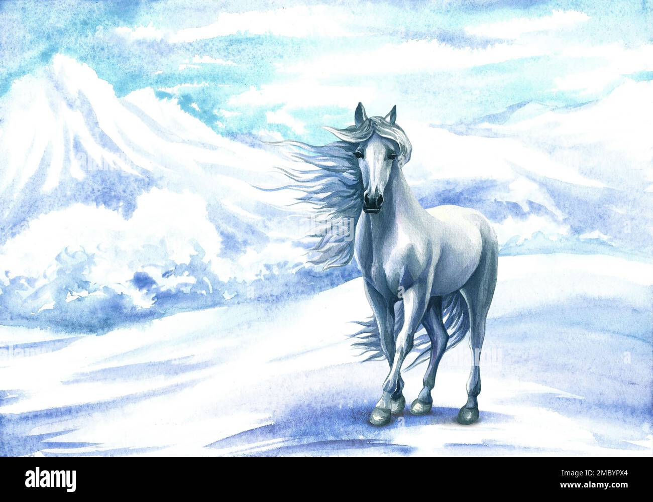 Watercolor drawing with a white horse and a mountain landscape ...
