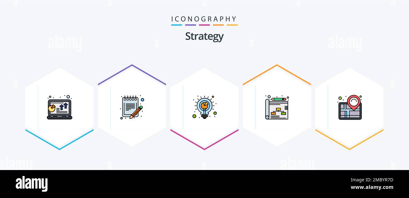 Strategy 25 FilledLine icon pack including map. planning. schedule