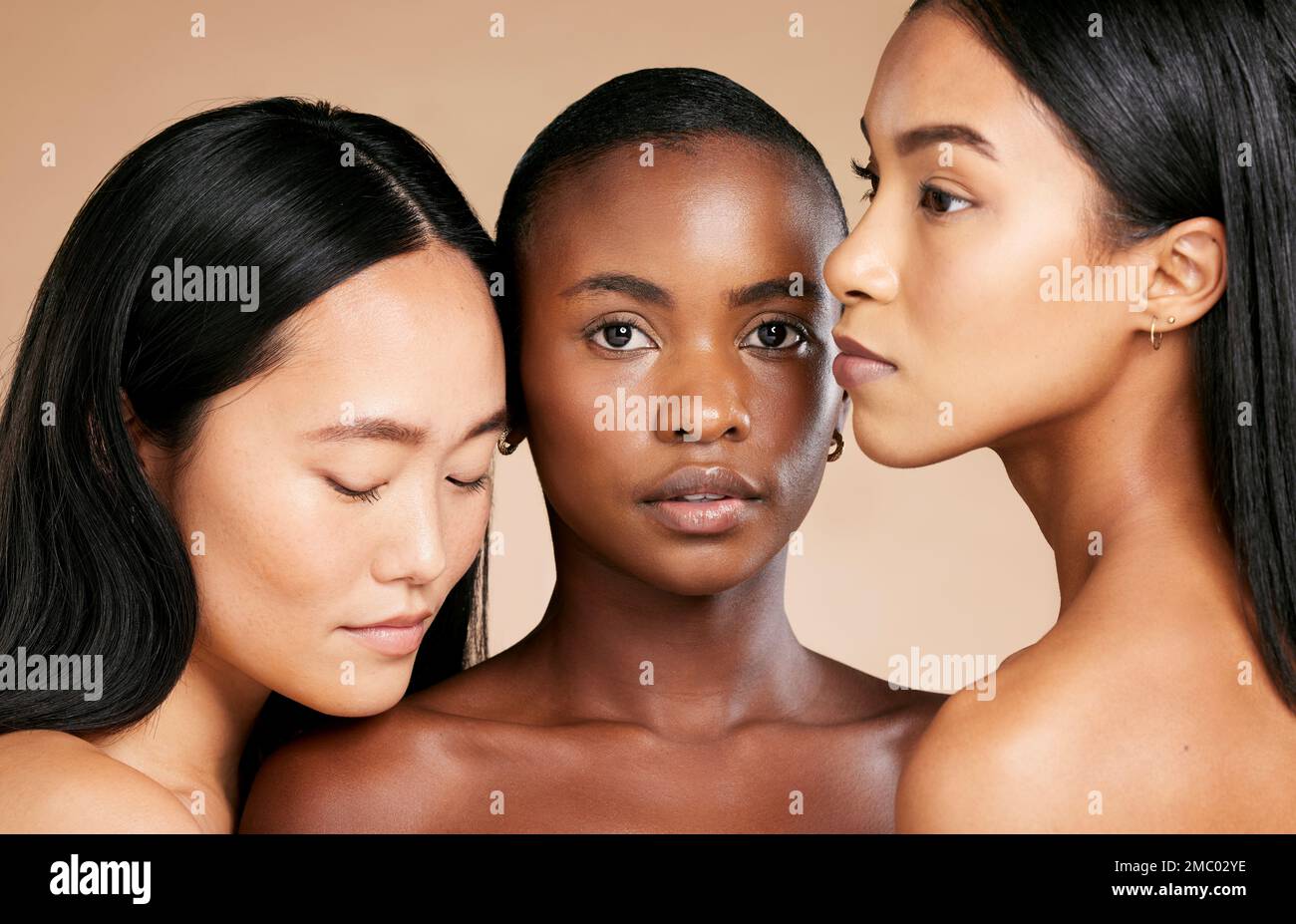 Beauty, creative portrait of multicultural women and skincare salon on studio background. Health, wellness and diversity, luxury cosmetics for healthy Stock Photo