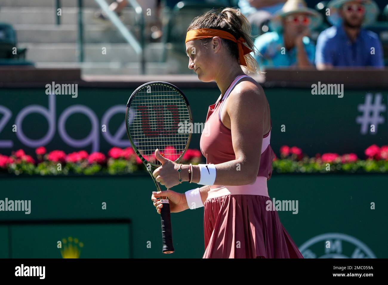 Aryna Sabalenka, of Belarus, reacts after a shot to Jasmine Paolini, of ...