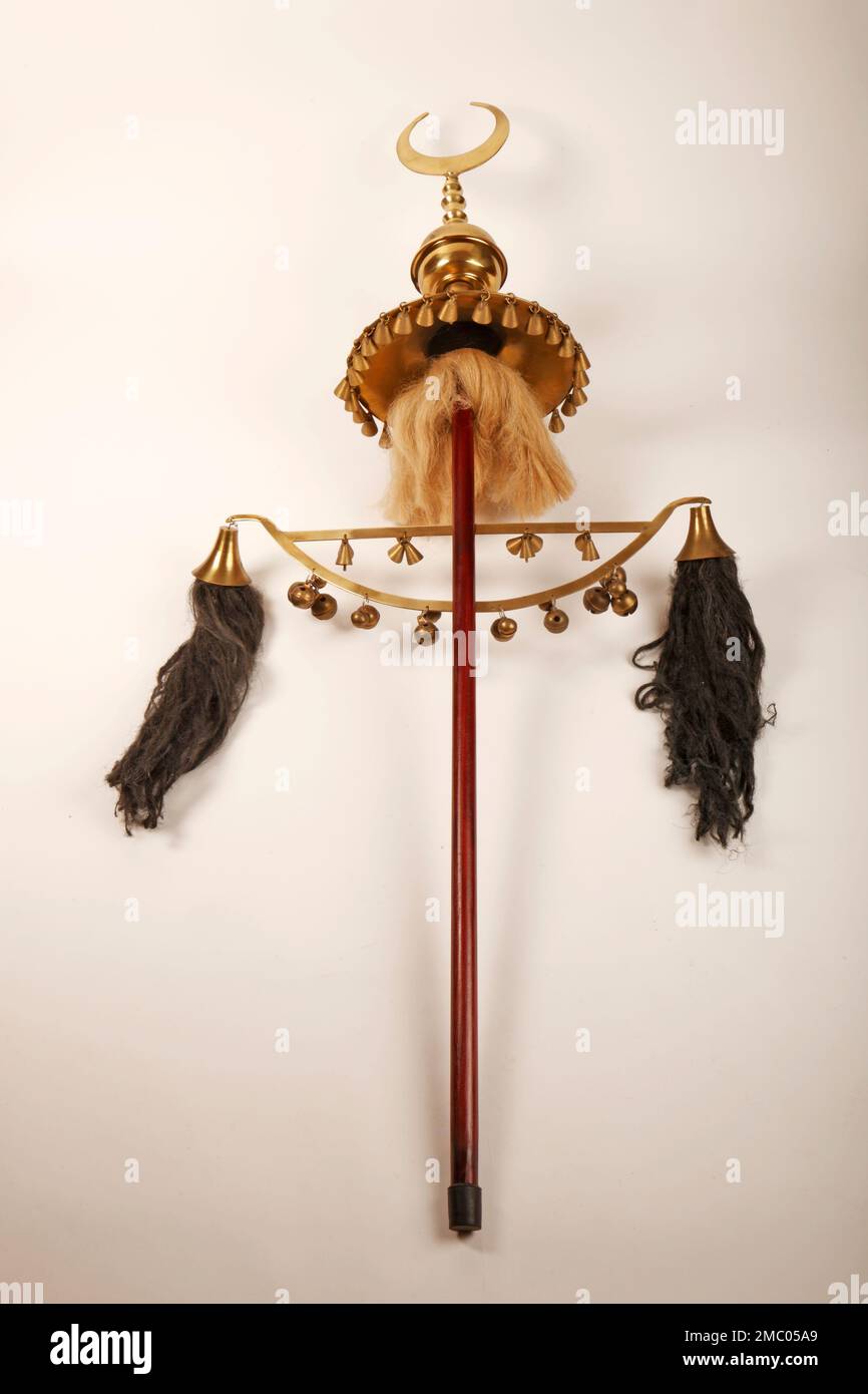 Jingling Johnnie, Jingling Johnny, brass bells on a stick with horsehair  decorations, and a Turkish crescent at the top Stock Photo - Alamy