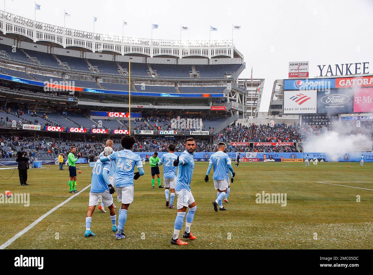 New York City FC players celebrate their second goal against CF Montreal  during the first half of an MLS soccer match at Yankee Stadium, Saturday,  March 12, 2022, in New York. NYCFC