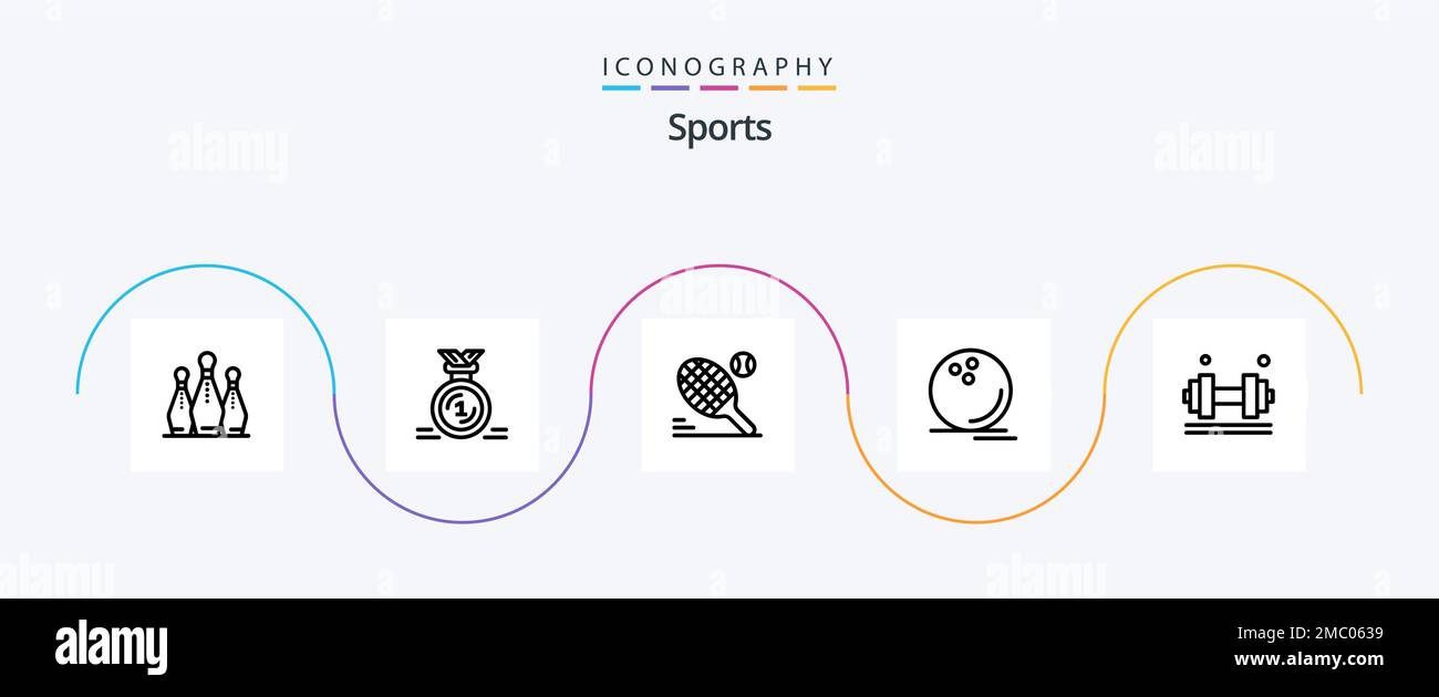 Sports Line 5 Icon Pack Including ball. game. ribbon. bowling. racket