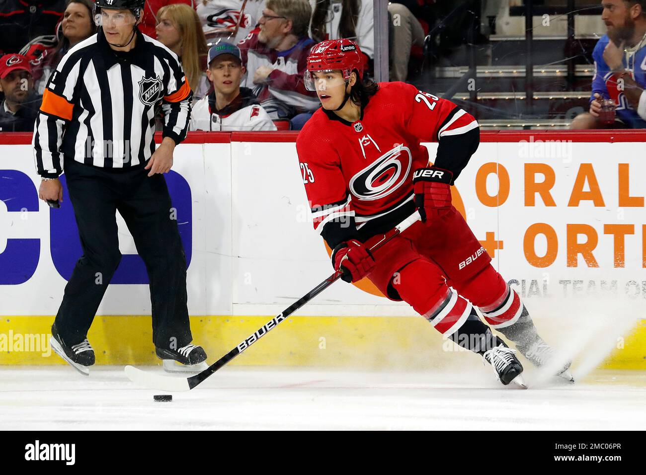 Carolina Hurricanes' Ethan Bear (25) calls for the puck against the New  Jersey Devils during the second period of an NHL hockey game in Raleigh,  N.C., Saturday, Jan. 29, 2022. (AP Photo/Karl