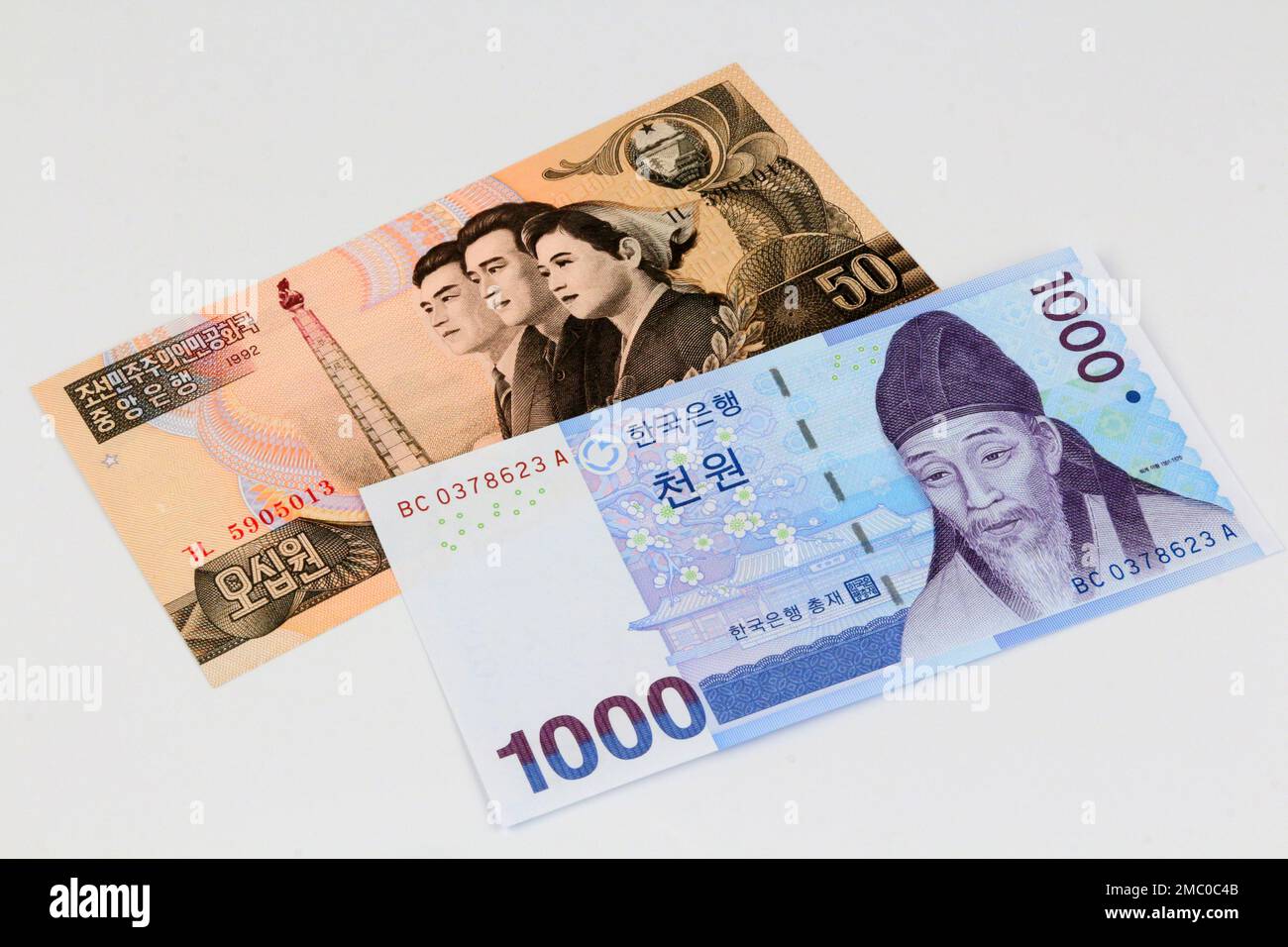 South Korean 1000 Won banknote with old korean banknote, asiatic county, South Korea Stock Photo