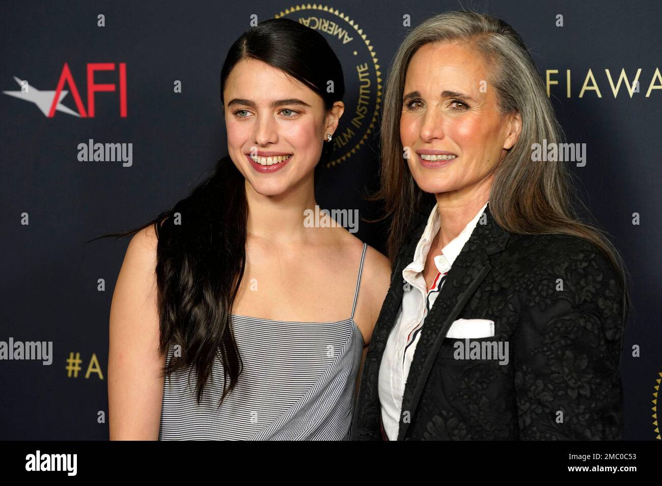 Margaret Qualley, left, and Andie MacDowell arrive at the AFI Awards ...