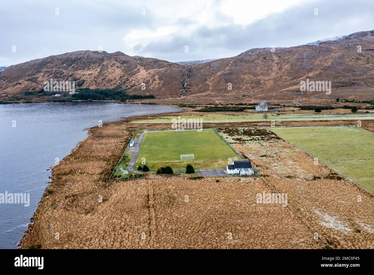 Aerial view of the GAA pitch next to Mount Errigal in Donegal Ireland