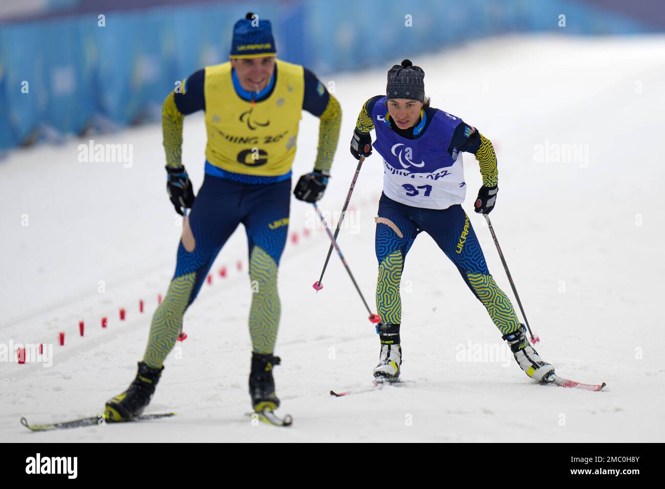 Ukraine's Oksana Shyshkova, right, with guide Andriy Marchenko head to ...
