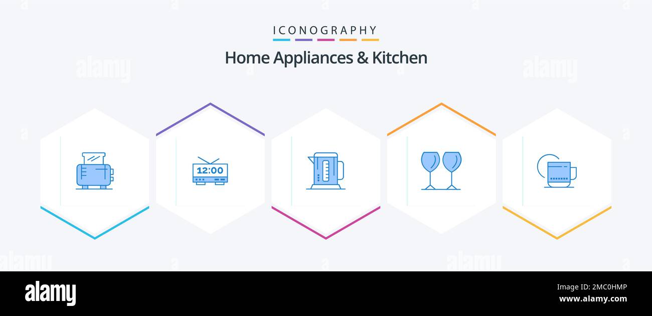 Home Appliances And Kitchen 25 Blue icon pack including hot . hotel. boiler. drink. glass Stock Vector