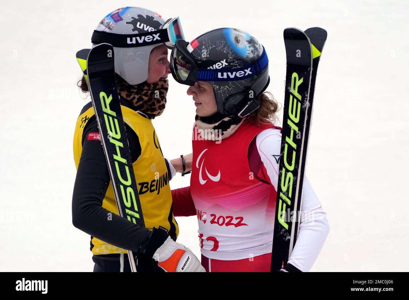 Veronika Aigner of Austria and guide Elisabeth Aigner celebrate after  competing in the women's giant slalom, vision impaired at the 2022 Winter  Paralympics, Friday, March 11, 2022, in the Yanqing district of