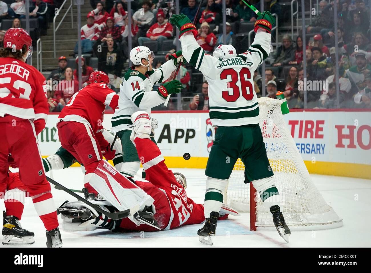 Minnesota Wild center Joel Eriksson Ek (14) and Mats Zuccarello (36