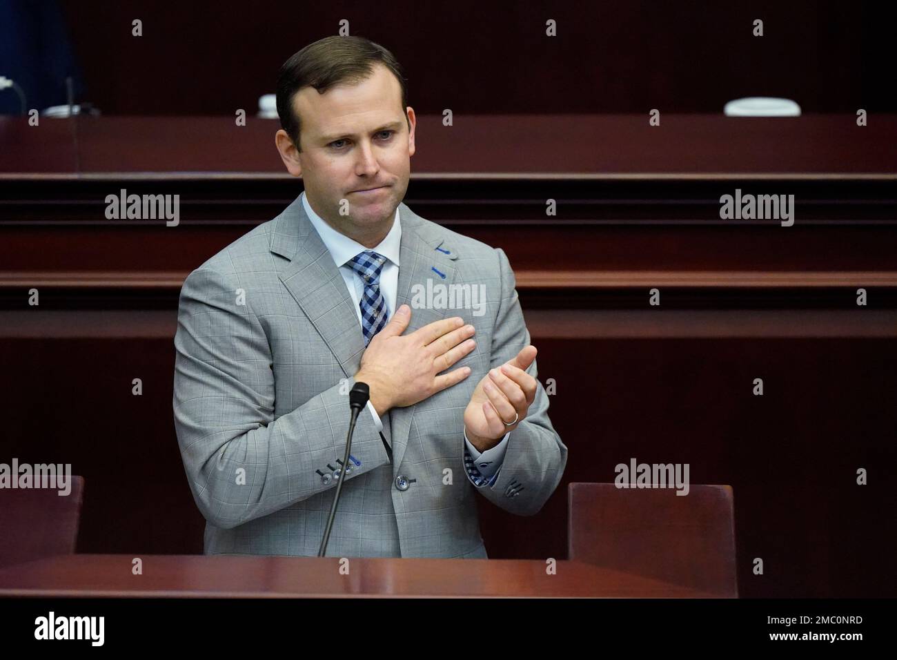 Florida Speaker of the House Chris Sprowls gestures as he gives his