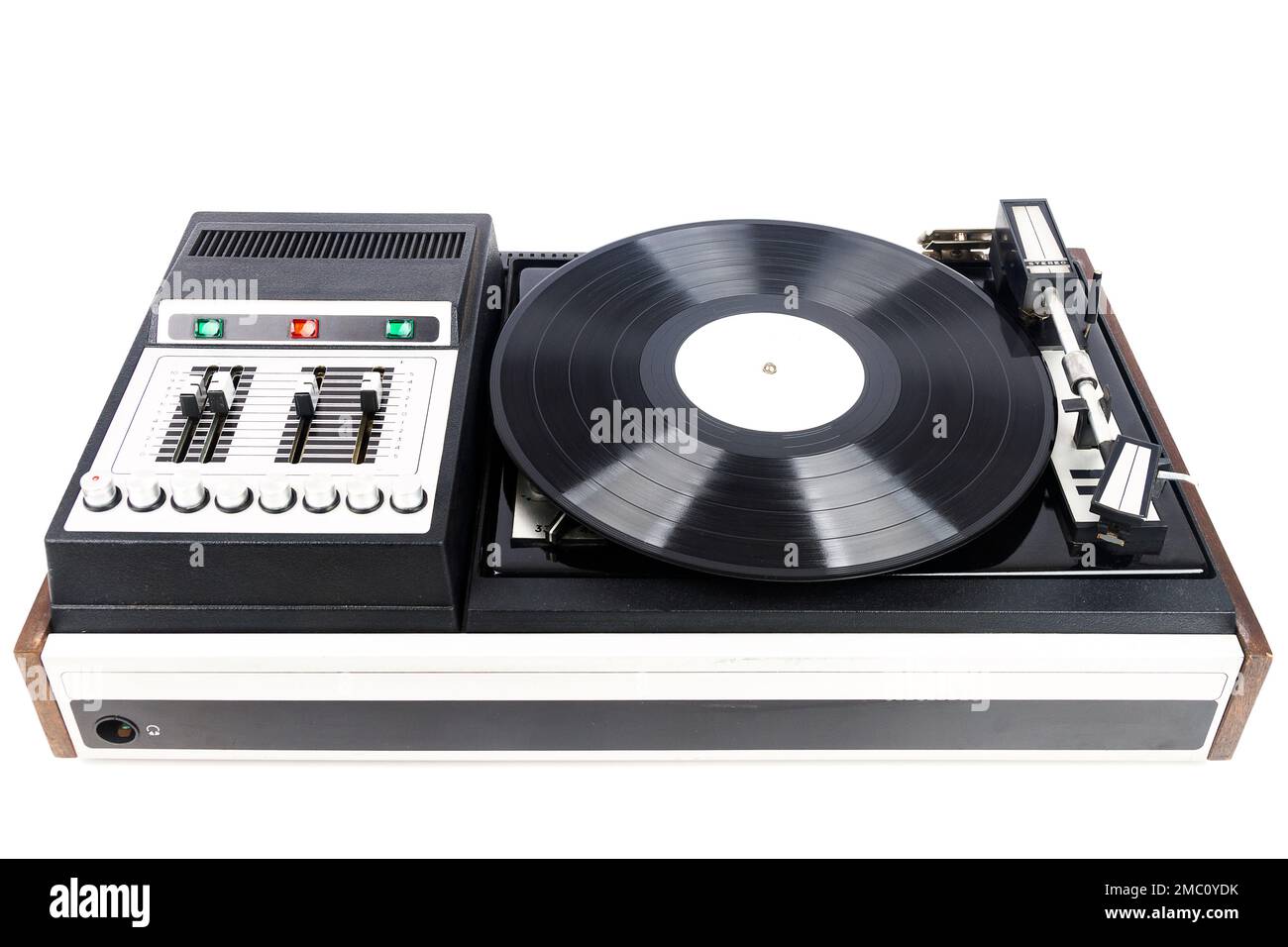 Vintage turntable record player with black vinyl isolated on white ...