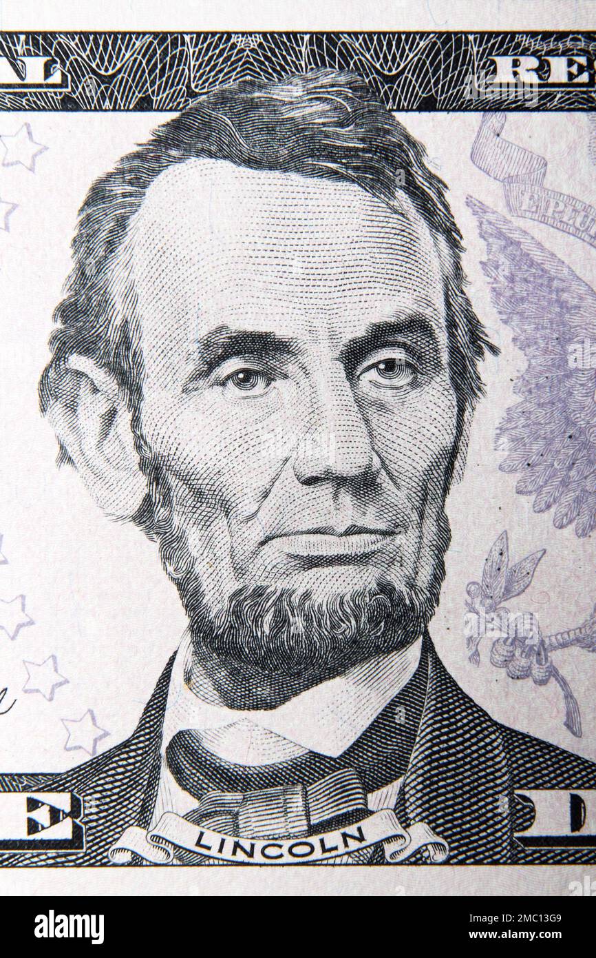 USA, Abraham Lincoln portrait on the 5 dollars banknote, vintage Stock Photo