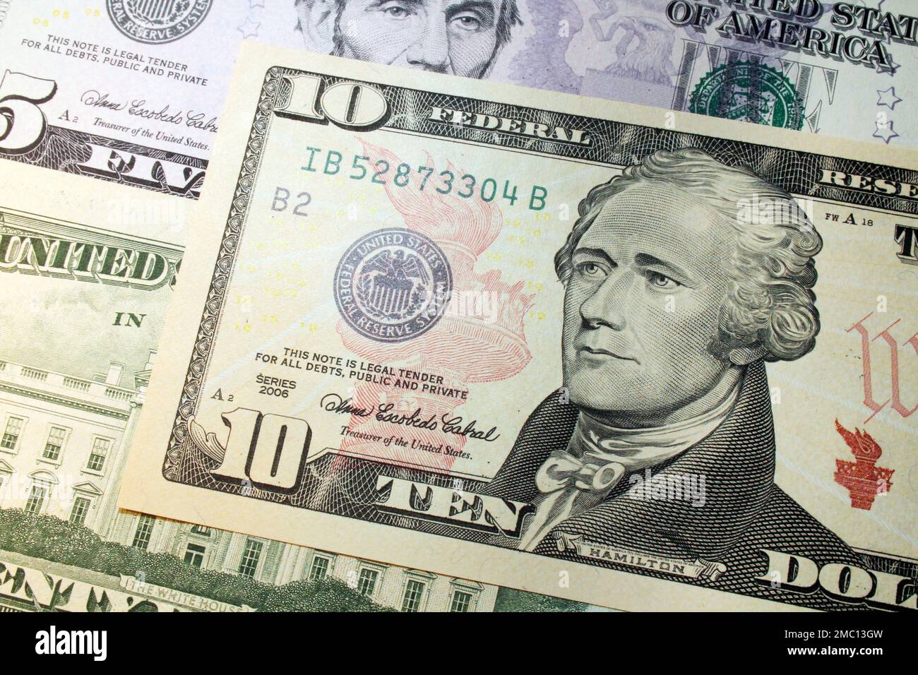 Alexander Hamilton portrait on the 10 dollars banknote, USA Stock Photo