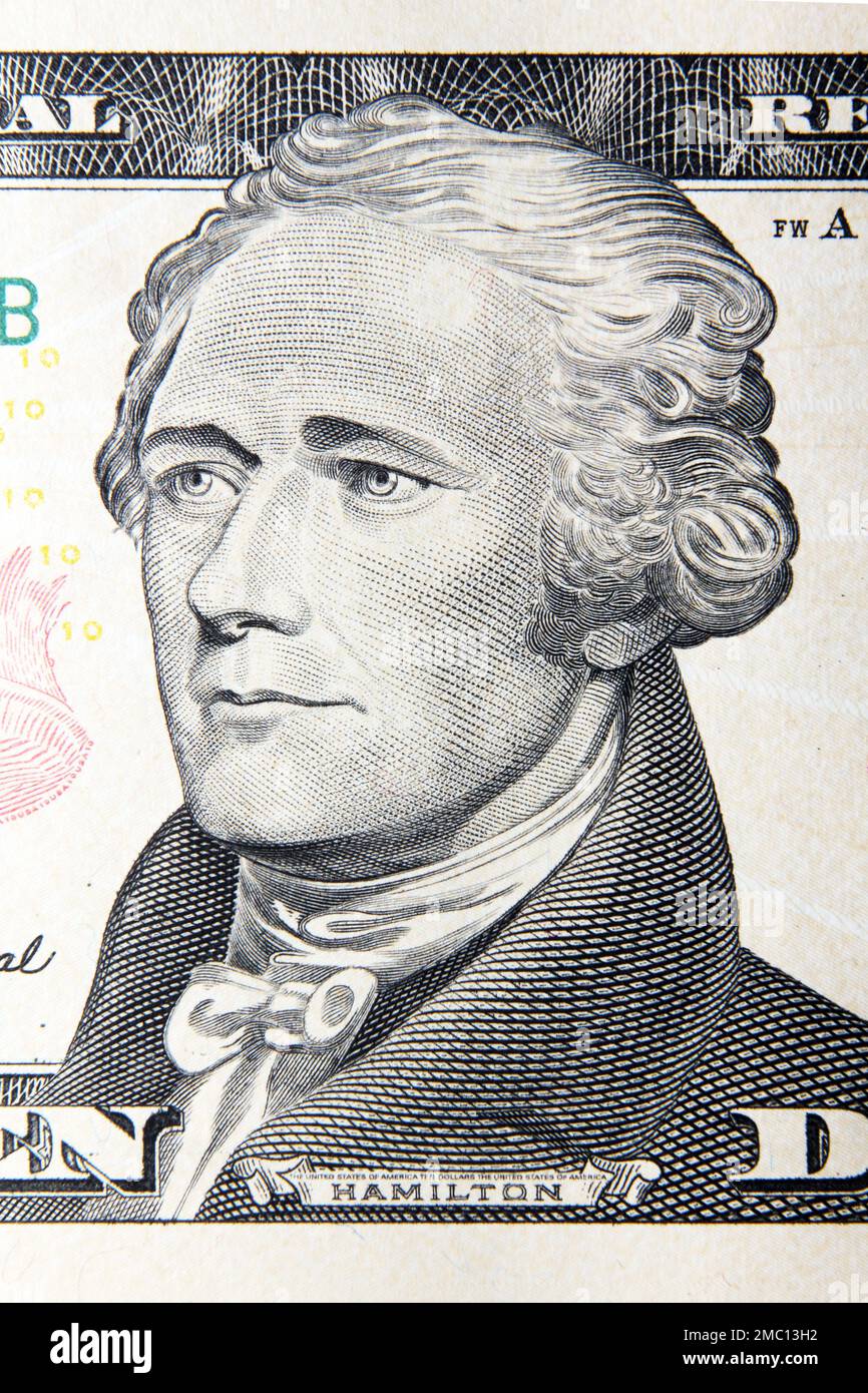 Alexander Hamilton portrait on the 10 dollars banknote, USA Stock Photo
