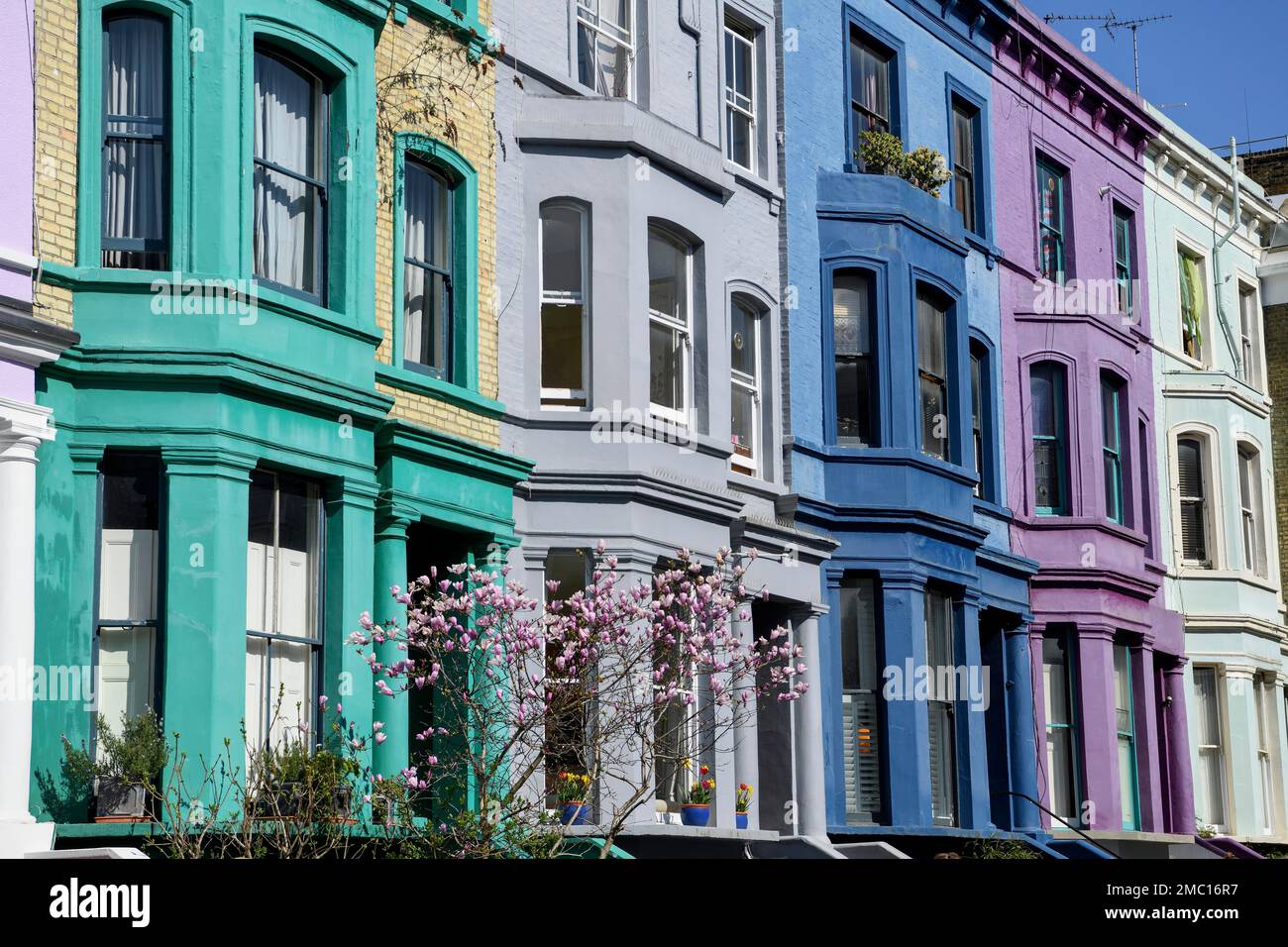 Colourful house facades on Lancaster Road, detail, Notting Hill, London, England, United Kingdom Stock Photo