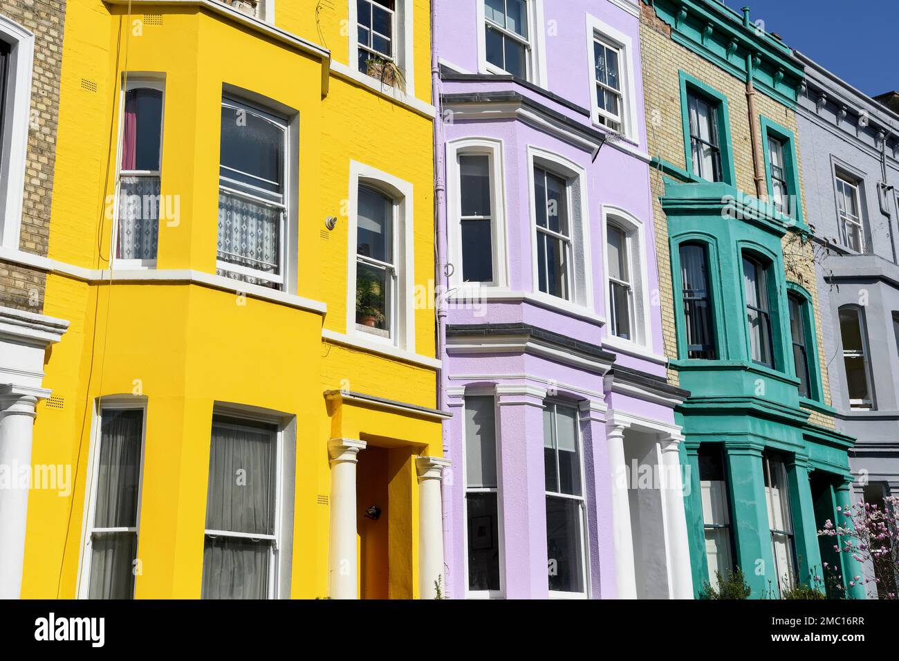 Colourful house facades on Lancaster Road, detail, Notting Hill, London, England, United Kingdom Stock Photo