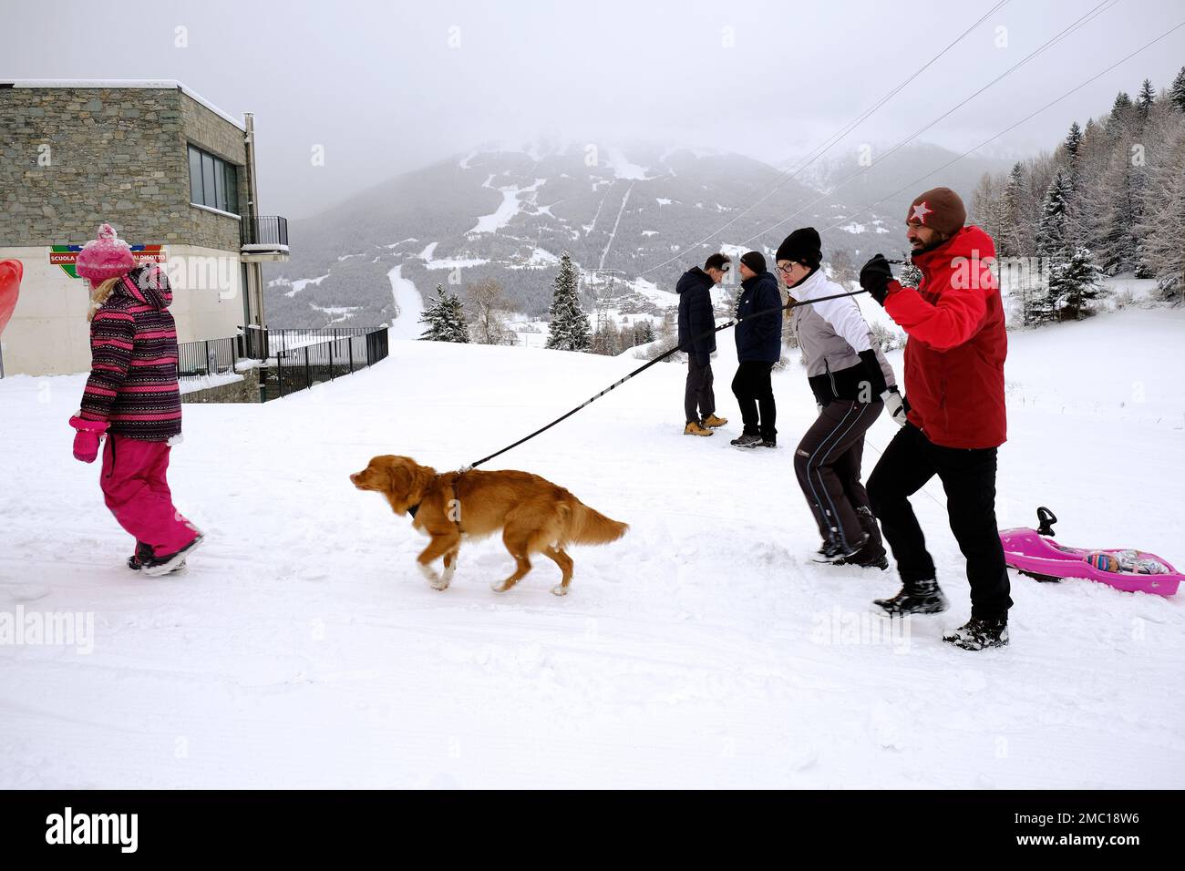 People at the ski area Le Motte Dossaccio near Bormio ski resort, Lombardy region, Italy Stock Photo